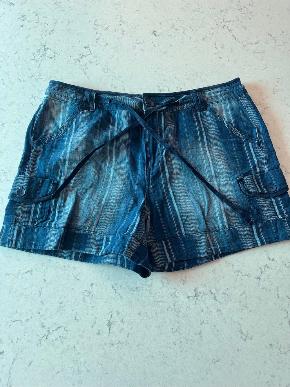 Democracy Blue Striped Cargo Shorts with Tie Waist